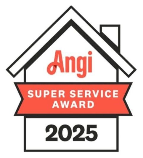 Angi Super Service Award 2025 badge with house outline in red, black, and white