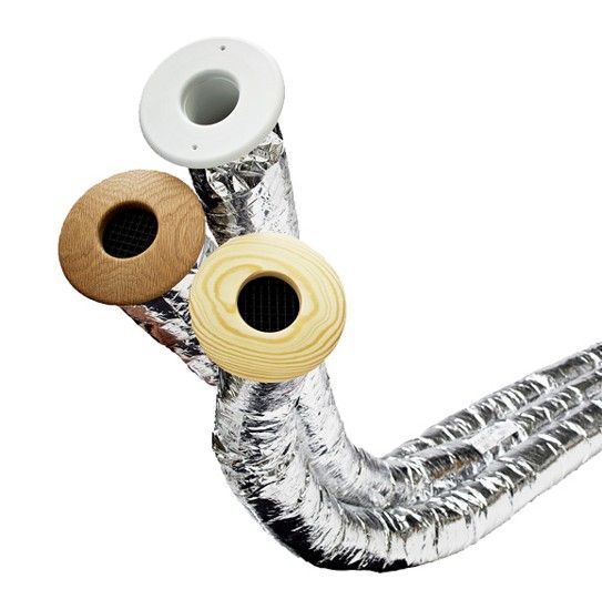 Three rolls of reflective silver duct insulation wrapped around pipes in white, beige, and yellow tones