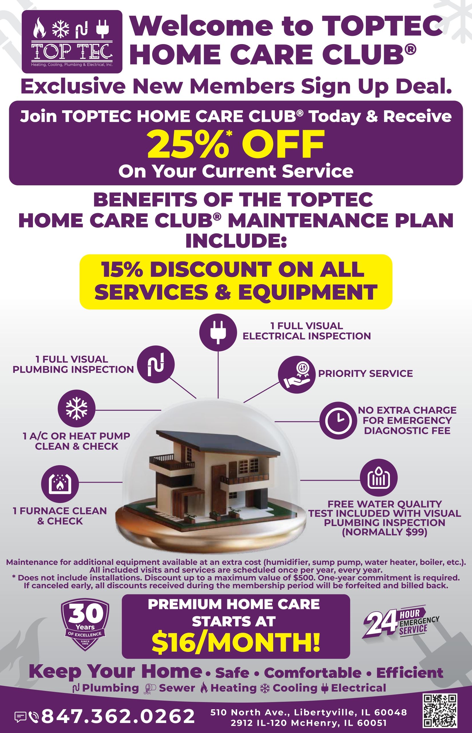 Purple and white Toptel Home Care Club promo with 25% off service, maintenance plans, and home equipment discounts