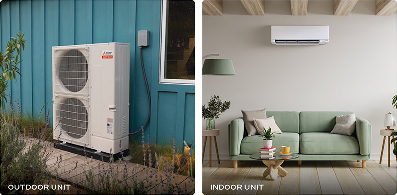 Split image of an outdoor AC unit beside a blue house and a white indoor AC unit above a green sofa