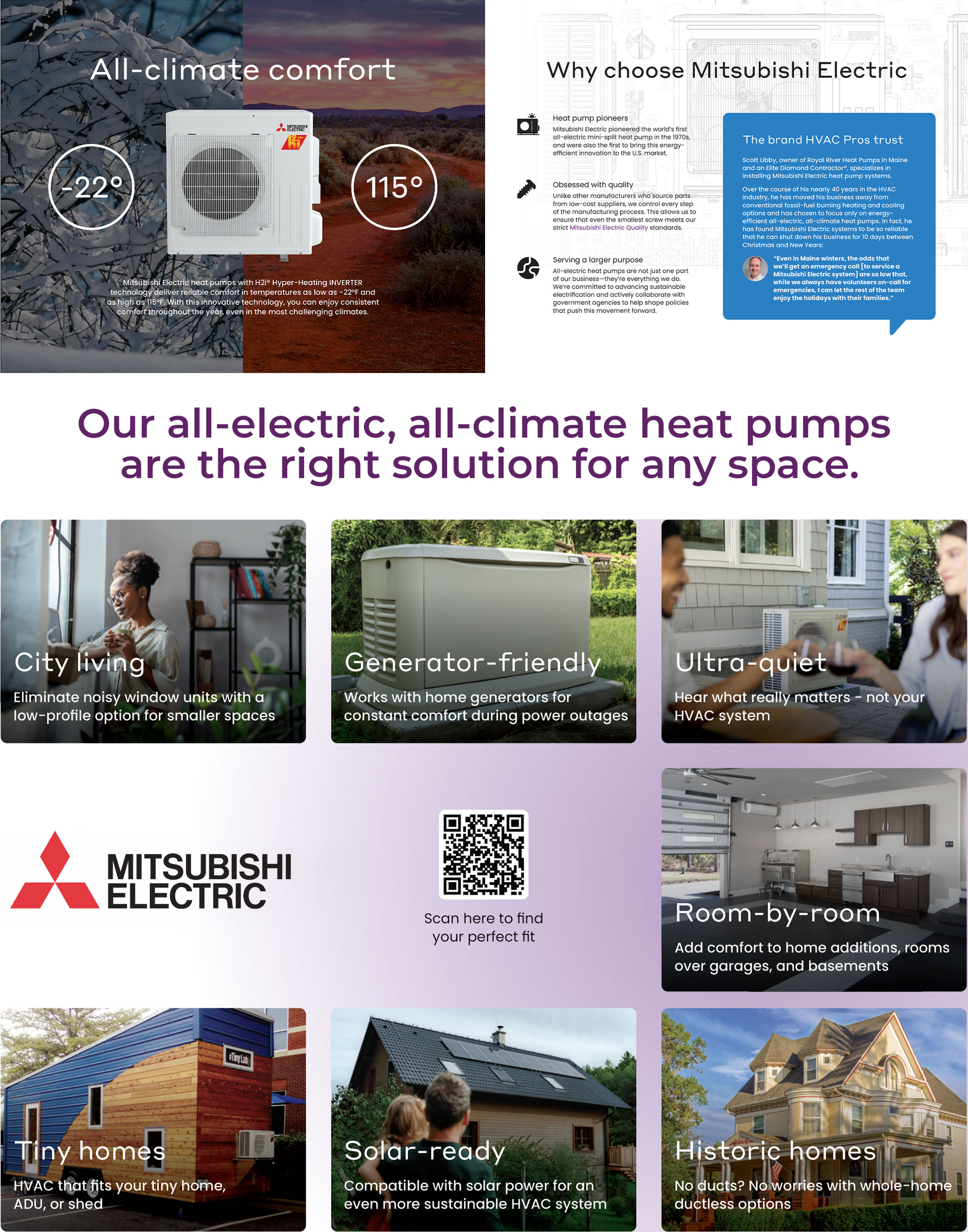 Mitsubishi Electric all-electric heat pump ad with homes, families, and a QR code on a white-and-blue layout