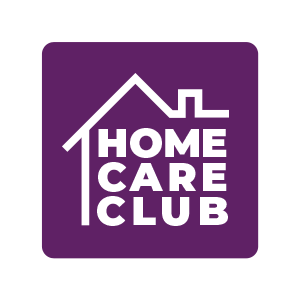 Purple square with white house outline and text 