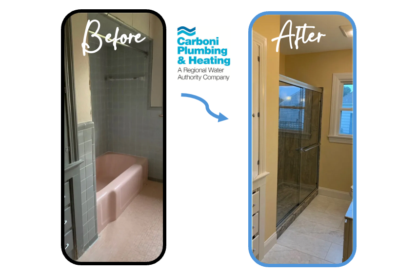 A before and after picture of a bathroom with a pink sink