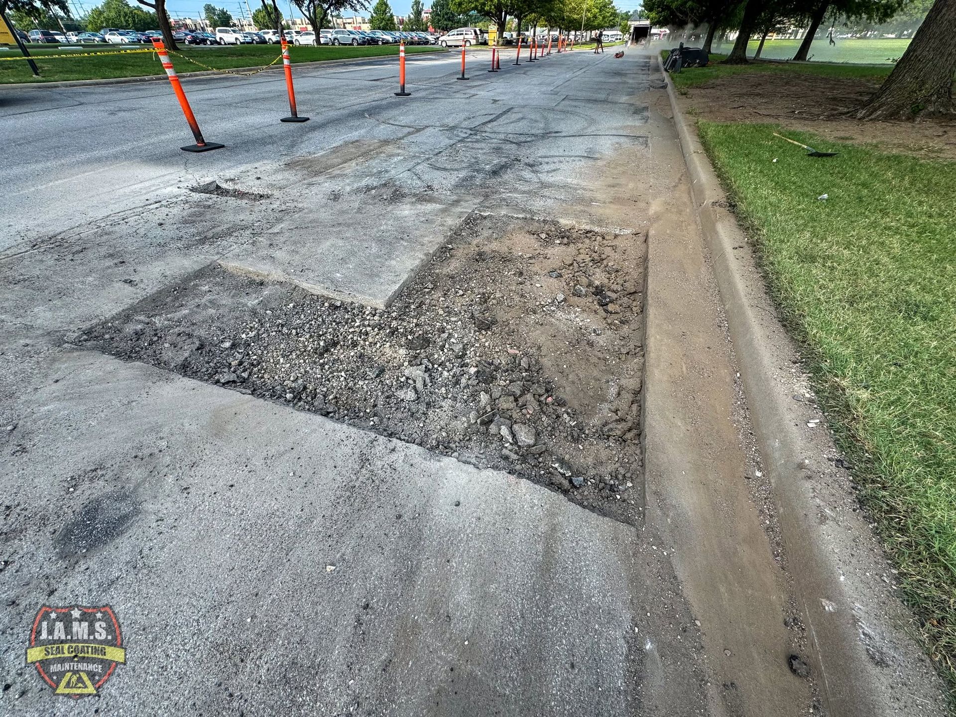 Cracked asphalt path with a large patched pothole beside a curb and grass, lined with orange cones.