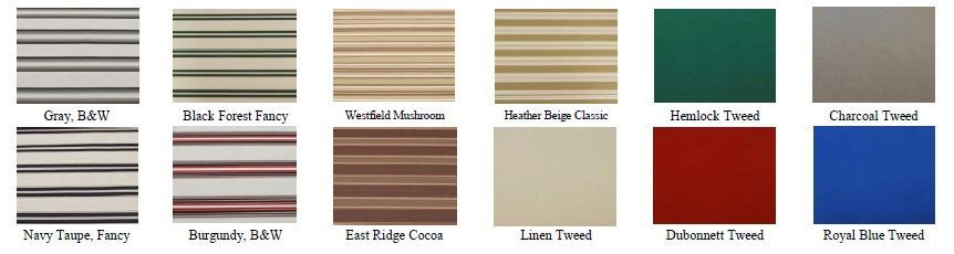 Swatches of fabric in various colors and patterns, including stripes and solid colors.