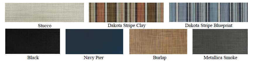 Samples of fabrics: cream weave, brown stripe, blue stripe, black, navy, burlap, and metal tone.