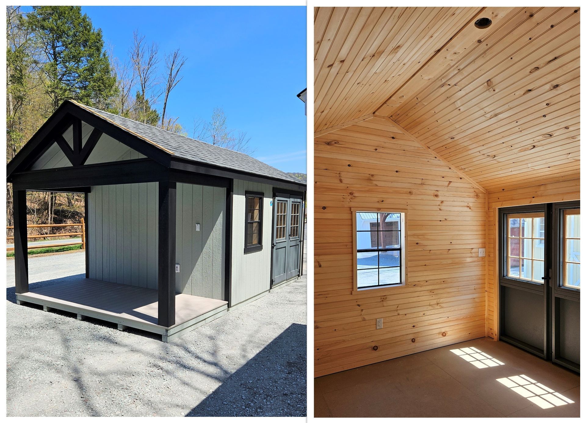 Exterior and interior of a small, gray and black cabin with wood paneling and a porch.