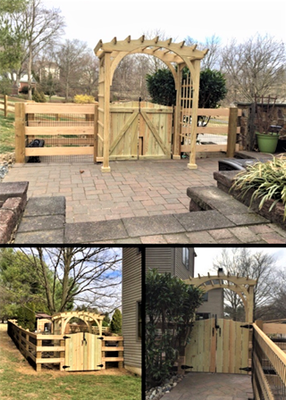 Wooden gate and arbor in a backyard patio, with a split rail fence and brick steps.