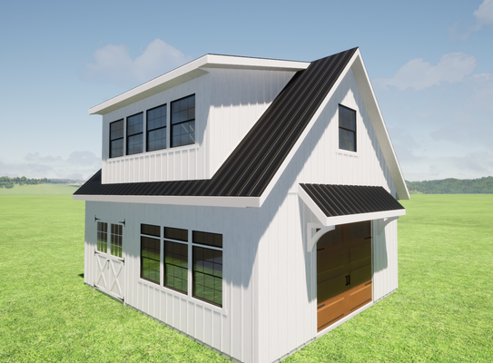White two-story barn house with a black roof, windows, and a wooden garage door on a grassy field.
