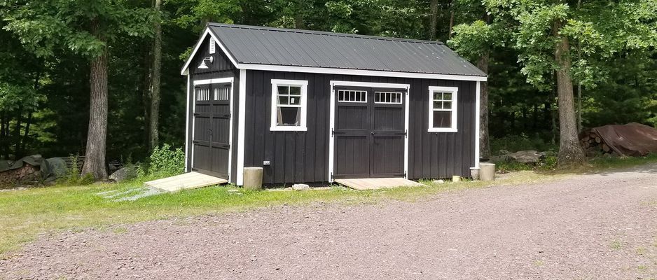 Black shed with white trim, two windows, and dark metal roof, set in front of trees.