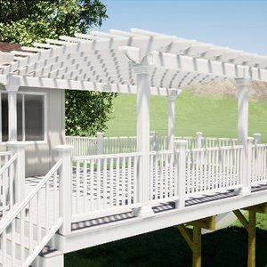 White pergola and deck overlooking a green yard.