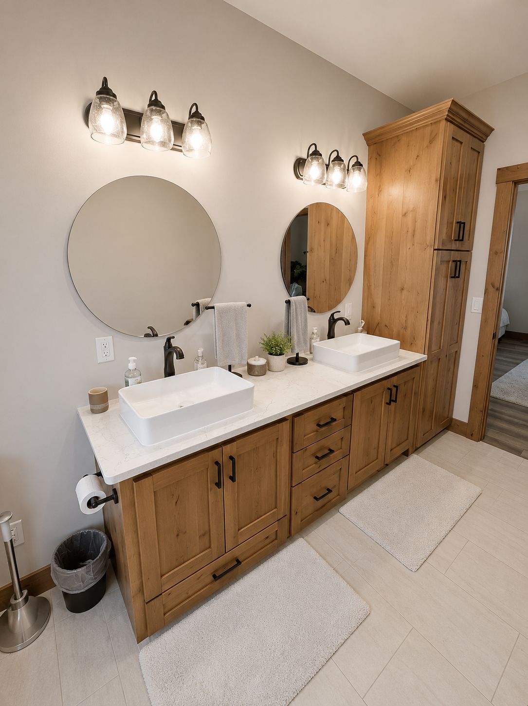 Modern bathroom vanity with double sinks, round mirrors, and wood cabinets