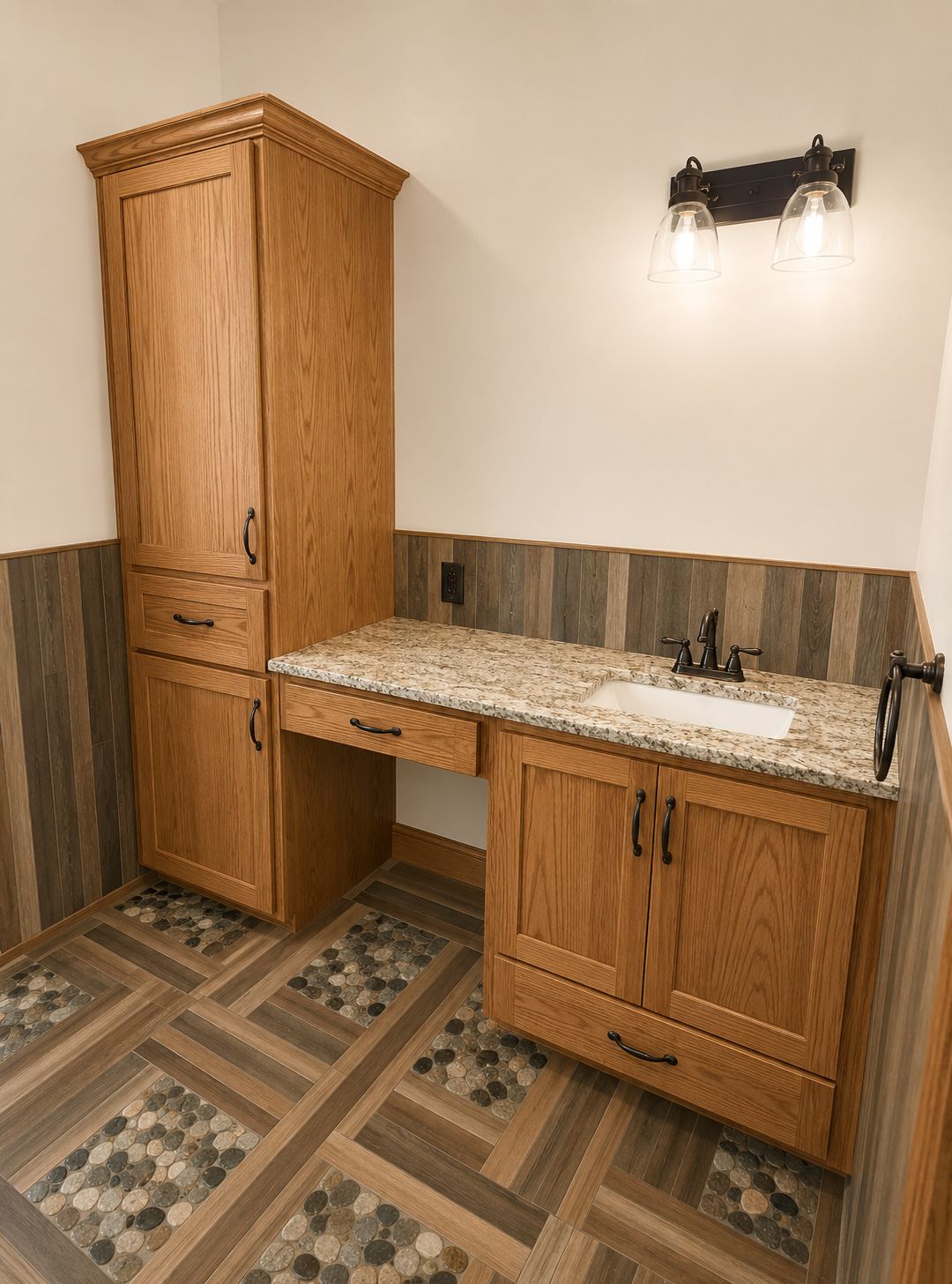Wooden bathroom vanity with granite countertop
