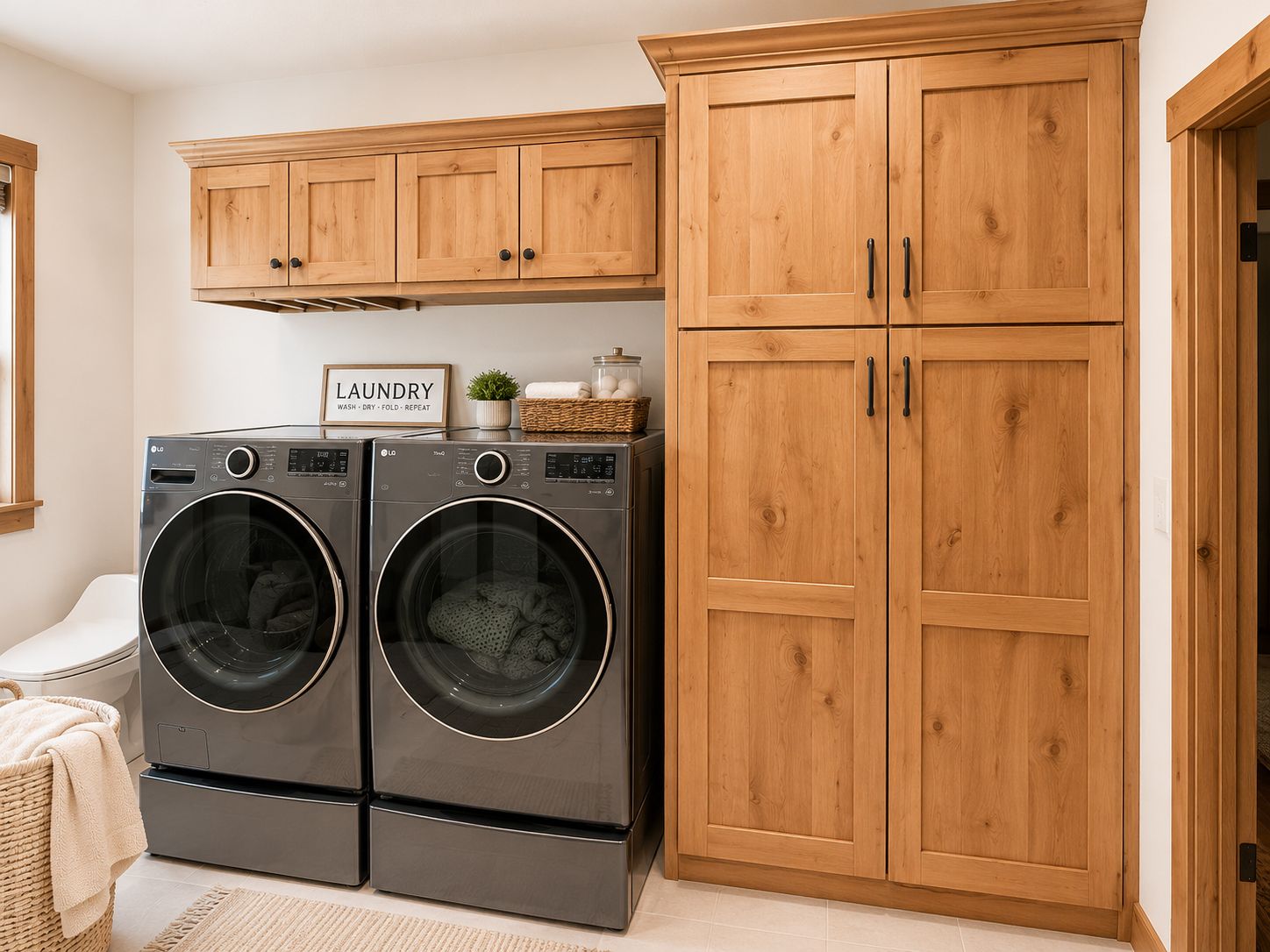 A laundry room featuring two dark grey front-loading machines beneath wooden wall cabinets