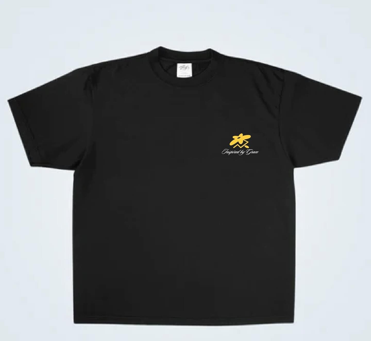 Black t-shirt with small yellow logo on left chest.