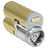 A close up of a brass and chrome cylinder on a white background.