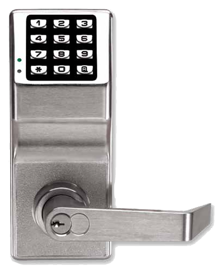 A stainless steel door lock with a digital keypad