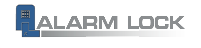 A logo for alarm lock with a blue box on it