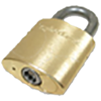 A close up of a brass padlock on a white background