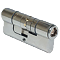 A close up of a cylinder with a key in it on a white background.