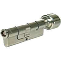 A close up of a cylinder lock on a white background.