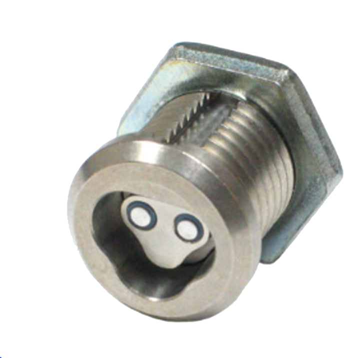 A close up of a screw with two holes in it