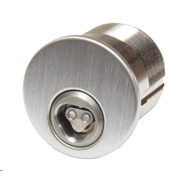 A close up of a stainless steel lock on a white background