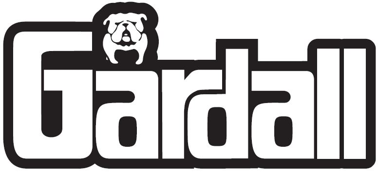 A black and white logo for gardall with a dog on it.