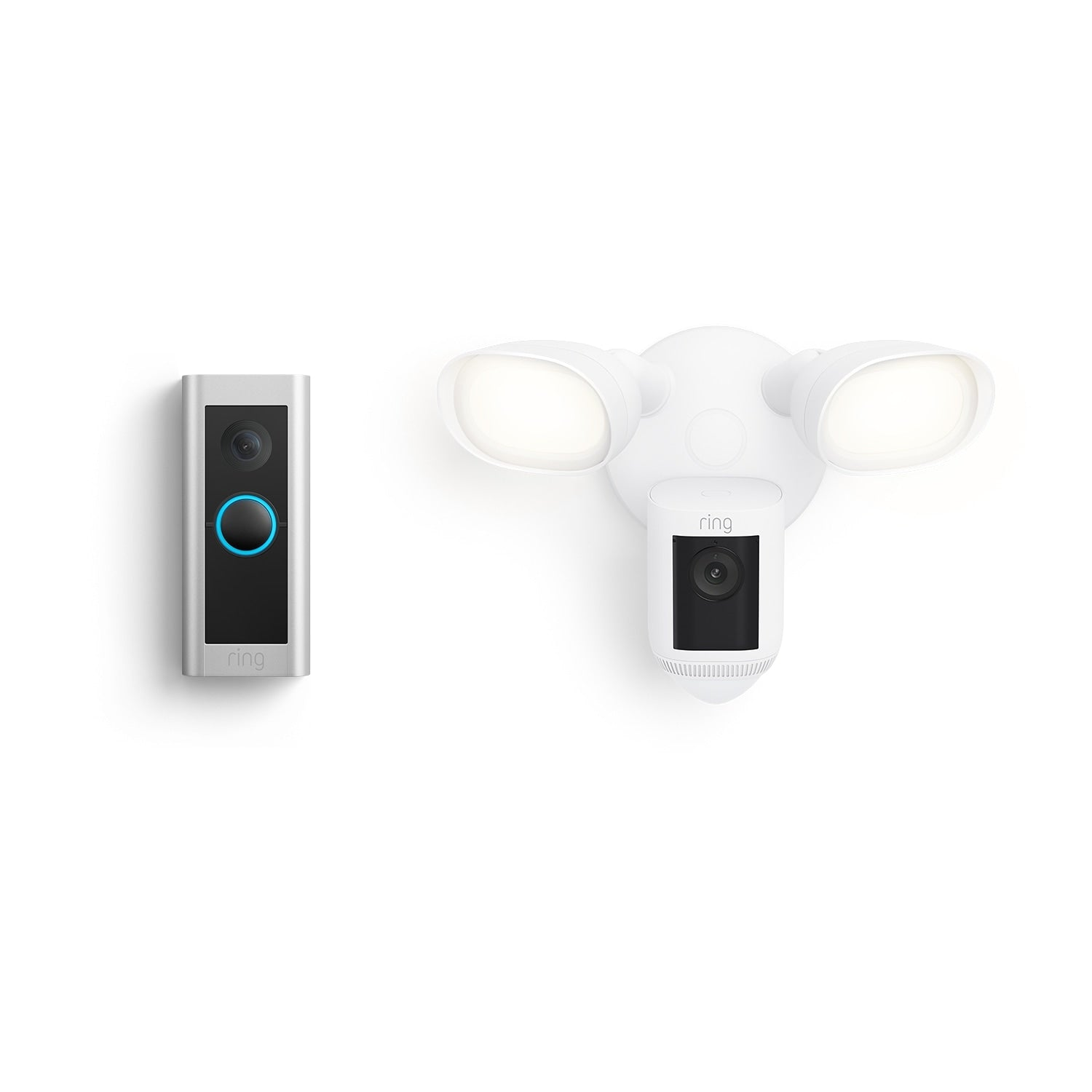 A ring doorbell and a ring floodlight on a white background.