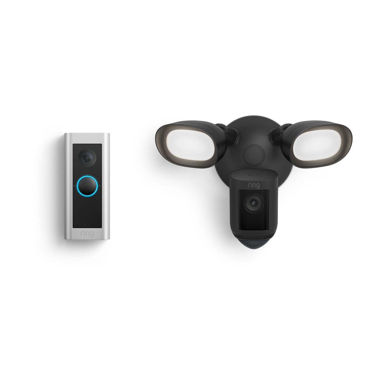 A ring doorbell and a ring floodlight are sitting next to each other on a white surface.