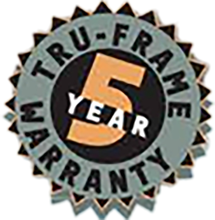 A 5 year tru frame warranty seal on a white background