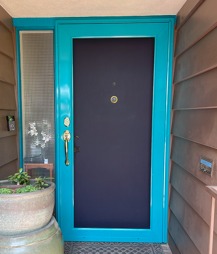 A blue door with a black screen on it
