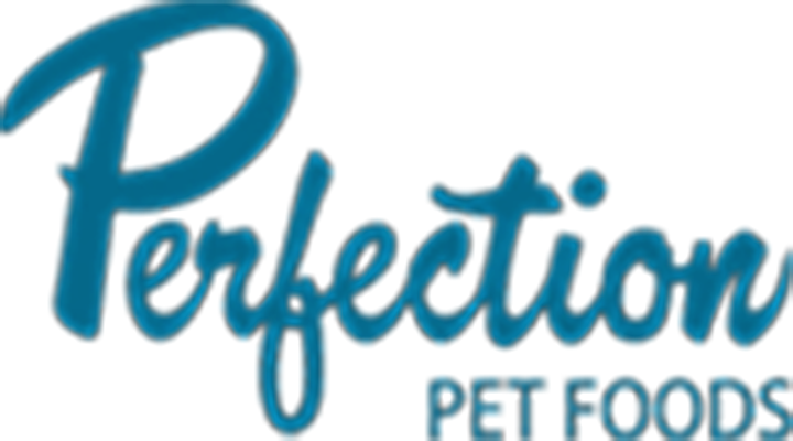 A blue logo for perfection pet foods on a white background