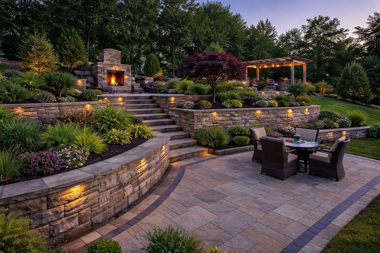 Stone patio with outdoor seating, steps, and warm-lit terraced garden at dusk