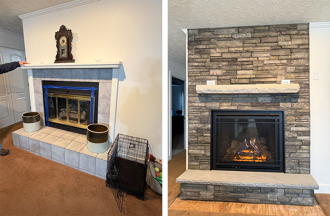 Two stone fireplaces side by side, one with a blue mantel and one with a black insert and stacked stone surround.