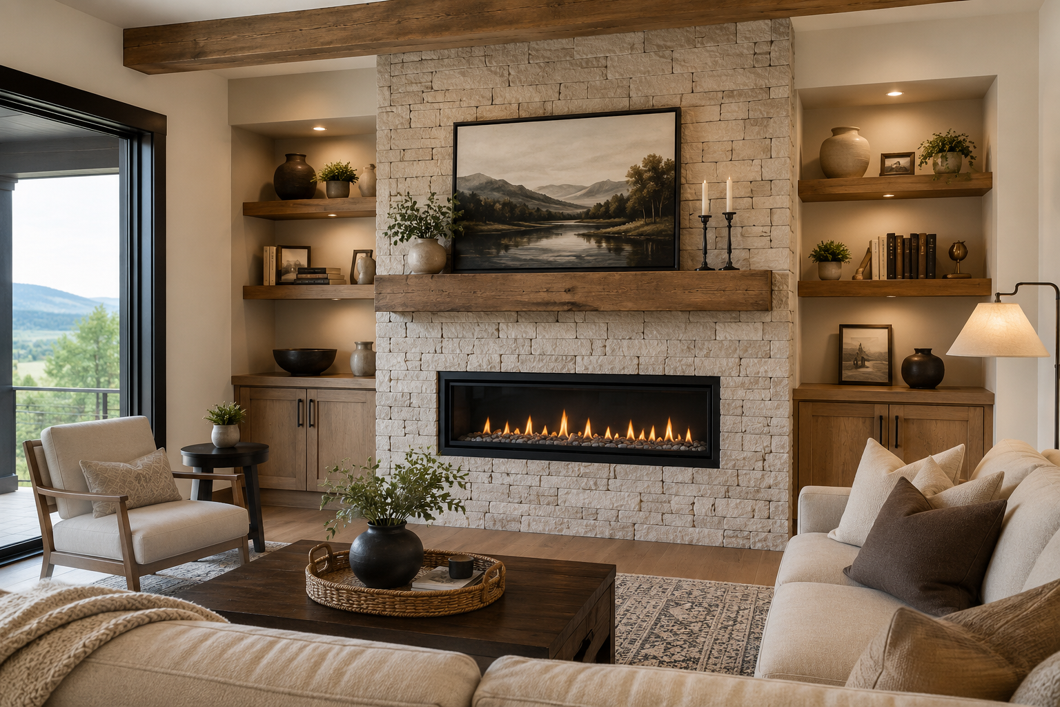 Cozy living room with a stone fireplace, landscape art, built-in shelves, and beige seating