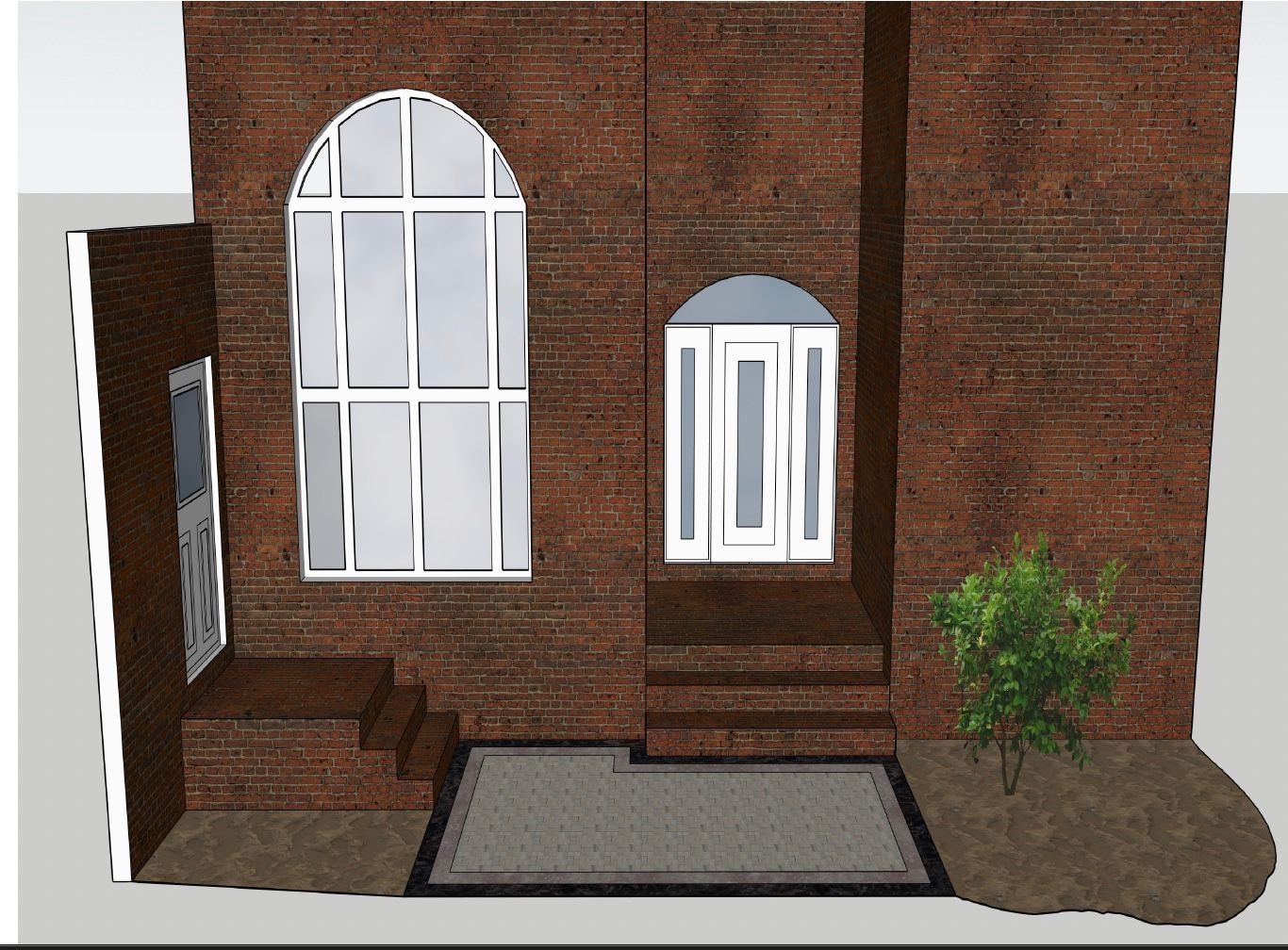 Brick house front entry with arched windows, white door, steps, and a potted shrub