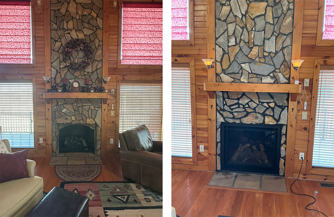 Before-and-after view of a living room fireplace with different stone surrounds, wood paneling, and red window shades.