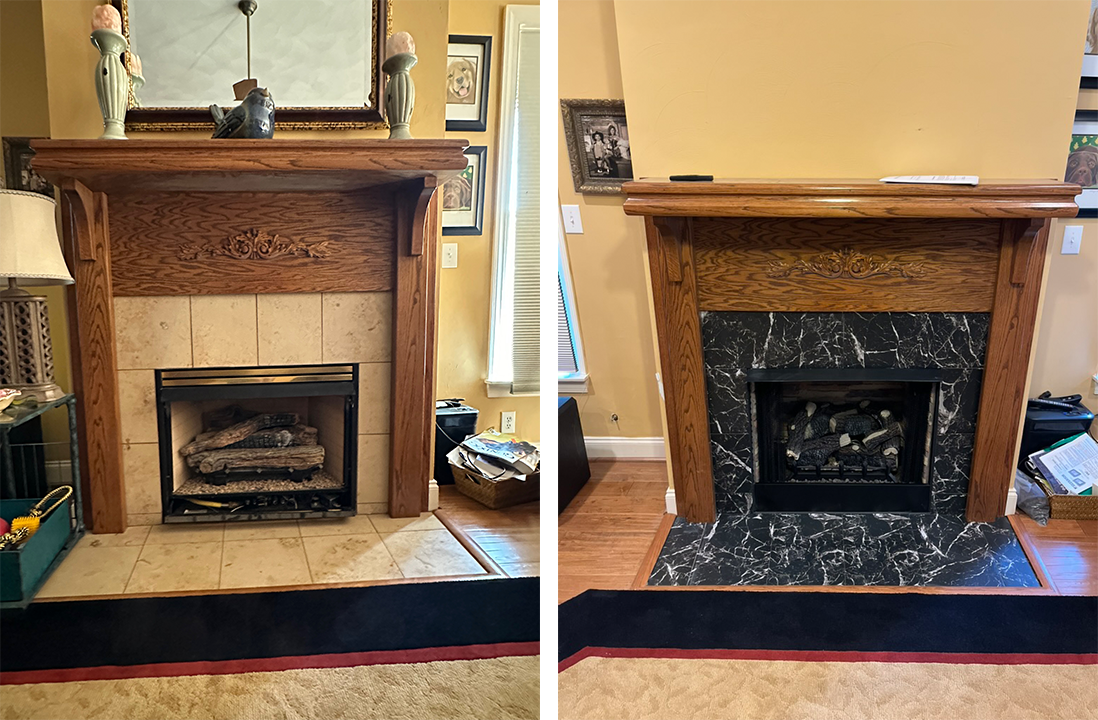 Side-by-side fireplaces: left is orange brick with wood mantel, right is black marble with wood mantel.