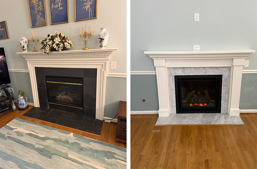 Before-and-after living room fireplaces: dark mantel updated to white mantel with black firebox.