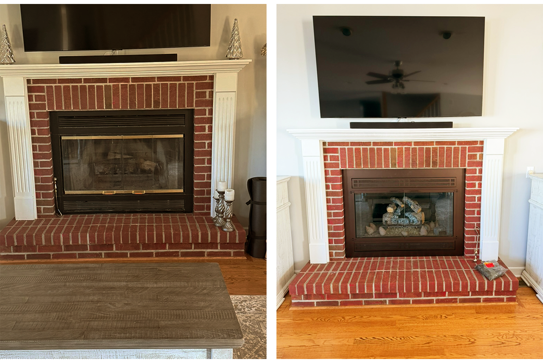 Two photos of a brick fireplace with a wall-mounted TV above it and a beige rug in front