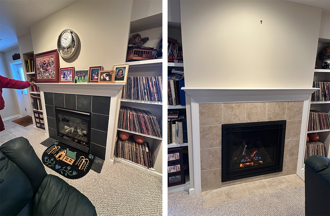 Living room fireplace before-and-after: decorated mantel and cluttered hearth beside a clean mantel and firelit firebox