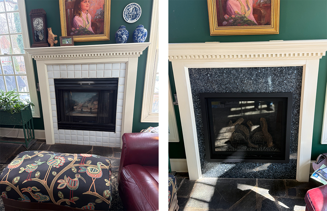 Two views of a living room fireplace with mantel, framed art above, and a patterned ottoman in front.