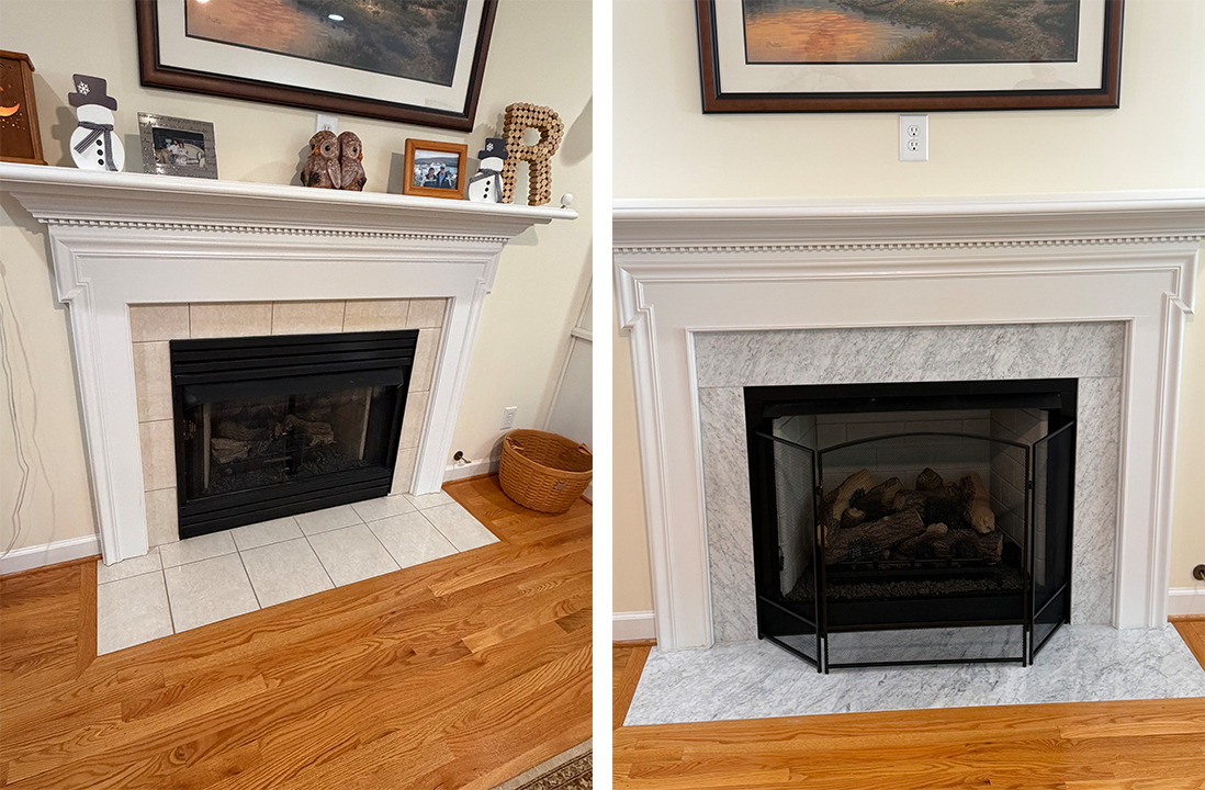 Side-by-side fireplaces: left white mantel with black firebox, right light stone surround with black screen.