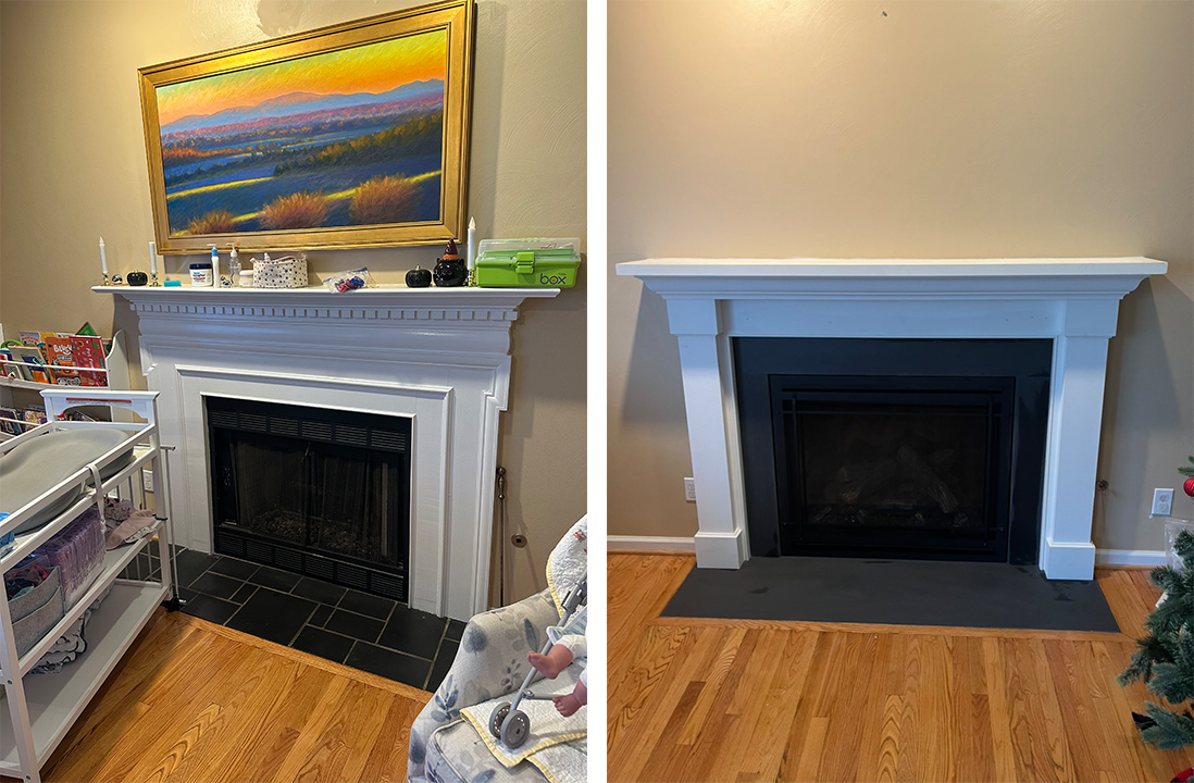 Side-by-side living room fireplaces before and after: cluttered mantel on left, cleaned mantel on right.