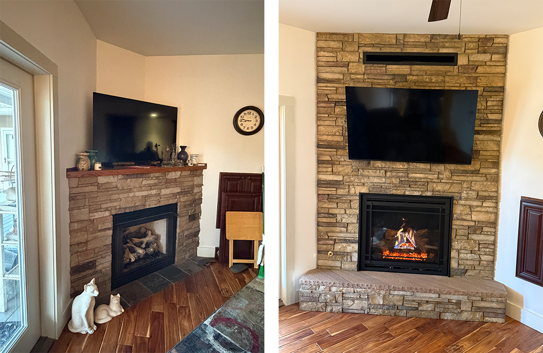 Living room with brick fireplace, wood mantel, wall-mounted TV, and hardwood floors