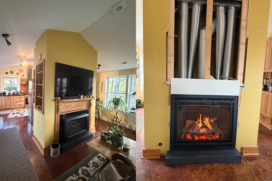 Cozy living room with a corner fireplace, wall-mounted TV, and large windows letting in natural light