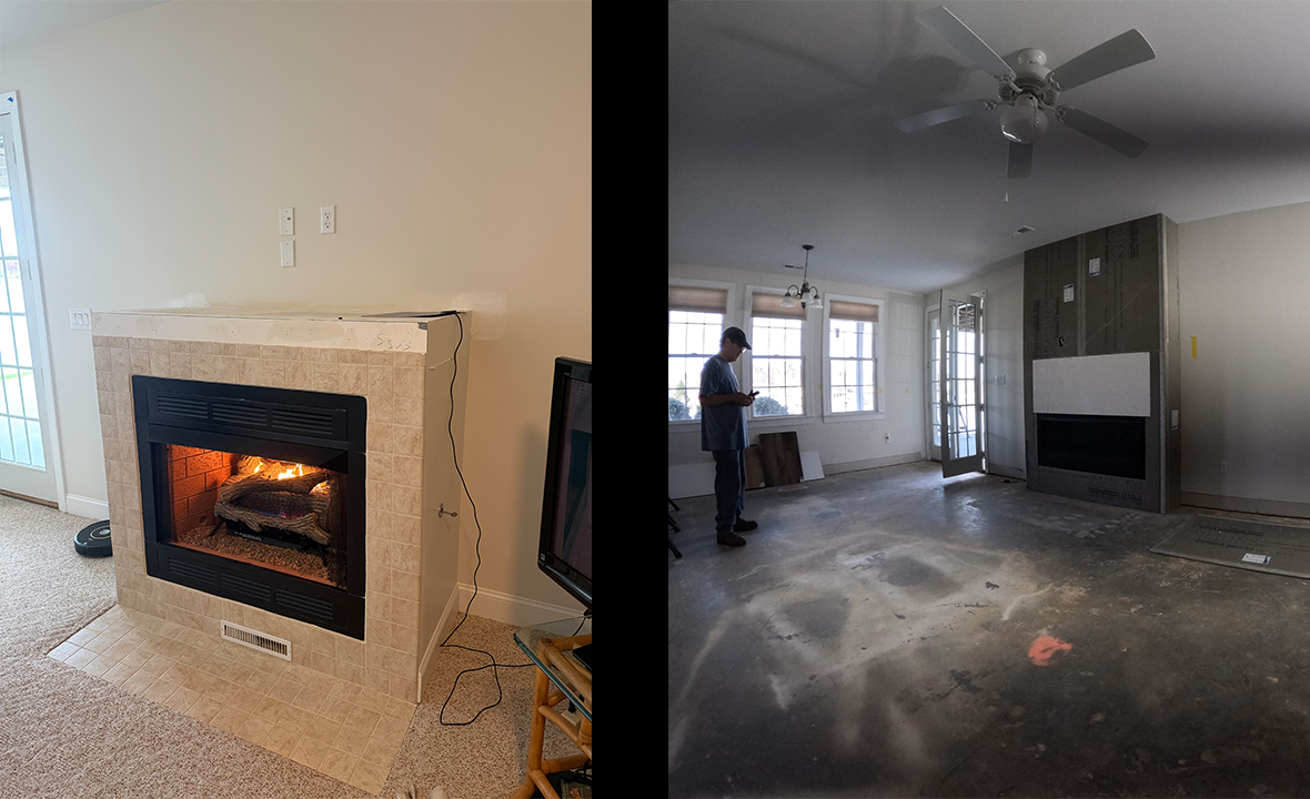 Side-by-side room views: a lit stone fireplace and an unfinished living room with ladder and ceiling fan.