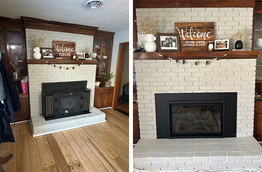 Before-and-after living room fireplace with a dark insert replaced by a black framed fireplace opening.