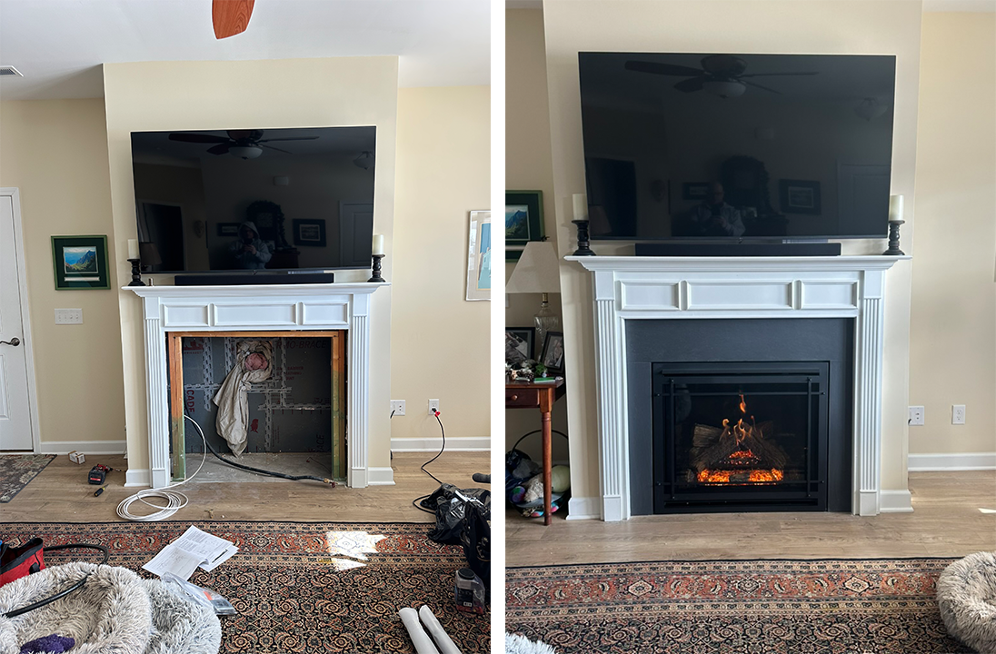 Before-and-after of a living room fireplace renovation: empty firebox on left, lit black fireplace insert on right.